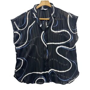 Nine West Womens Black Sheer Striped Abstract Swirl Button Up Shirt XL